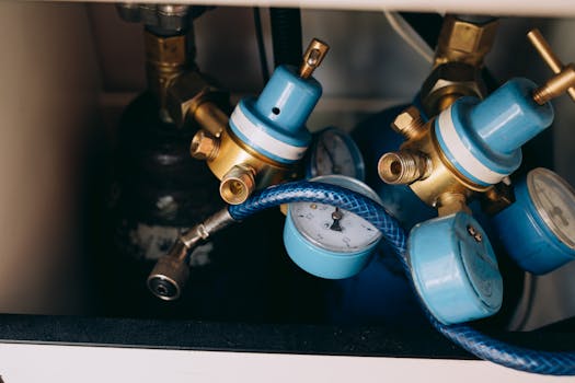 pexels photo 8943269 8943269 Detailed view of blue and brass gas pressure regulators with gauges and tubing in an industrial setting.